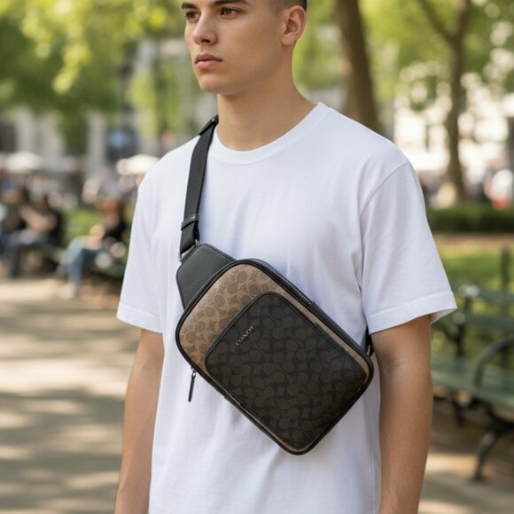 Coach Ethan Pack In Blocked Signature Canvas CZ394 Tan Charcoal Black - Picture 16 of 16